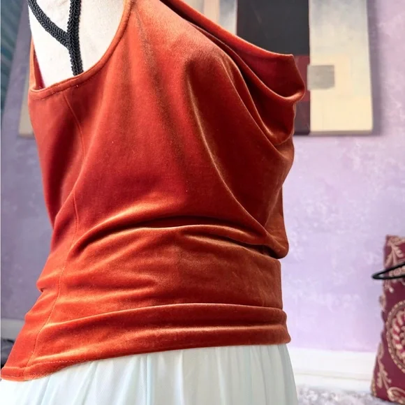 Striking Burnt Orange Velvet Cowl Neck Drape Top